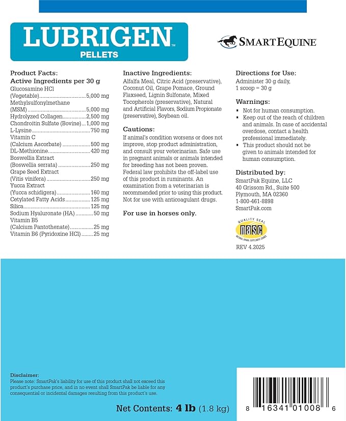 Uckele by SmartEquine Lubrigen Pellets | Advanced Joint Supplement with Glucosamine, Chondroitin | Horse Supplement for Mobility &amp; Connective Tissue Health | 4 lb Bucket