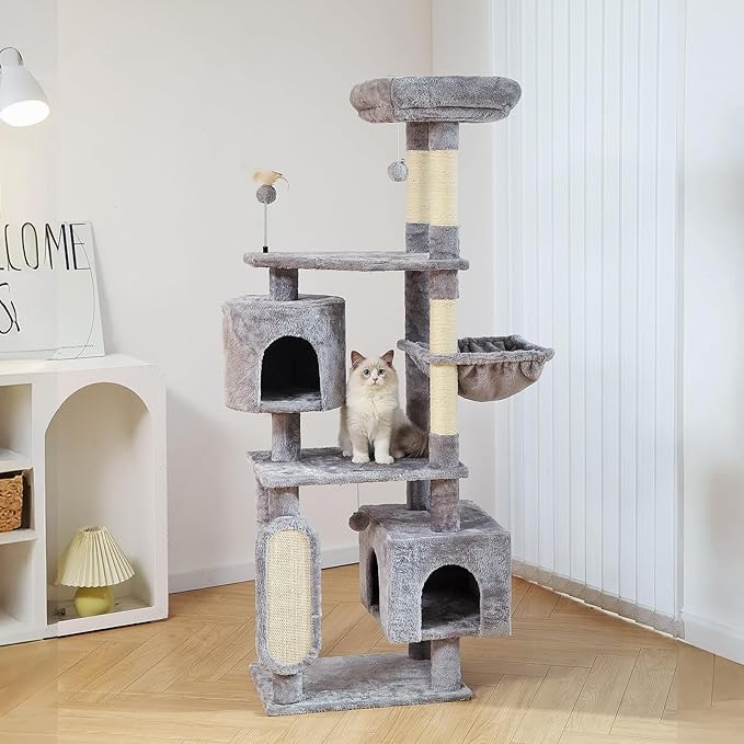 Hoopet 70-Inch Large Cat Tree for Multiple Cats Cat Tower with 2 Condos, Scratching Posts, Hammock &amp; Platform, Plush Perch for Indoor Activity Relaxing Easy Assembly Grey