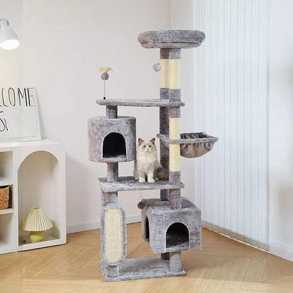 Hoopet 70-Inch Large Cat Tree for Multiple Cats Cat Tower with 2 Condos, Scratching Posts, Hammock &amp; Platform, Plush Perch for Indoor Activity Relaxing Easy Assembly Grey