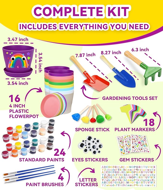 PAITIN Paint &amp; Plant Garden Pot Craft Kit - 4 Inch Plant Pots, Kids Gardening Tools, Labels, Paints, Brushes, Gem &amp; Eye Stickers - Perfect Spring Crafts Gifts for Women &amp; Kids
