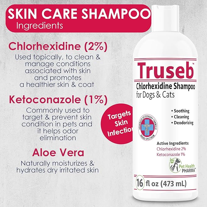 Truseb Topical Ketoconazole and Chlorhexidine Shampoo for Dogs, Cats &amp; Horses with Aloe Vera and Conditioner(USA) (Ketoconazole &amp; Chlorhexidine Shampoo, 16 oz)