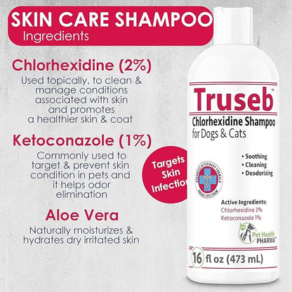 Truseb Topical Ketoconazole and Chlorhexidine Shampoo for Dogs, Cats &amp; Horses with Aloe Vera and Conditioner(USA) (Ketoconazole &amp; Chlorhexidine Shampoo, 16 oz)
