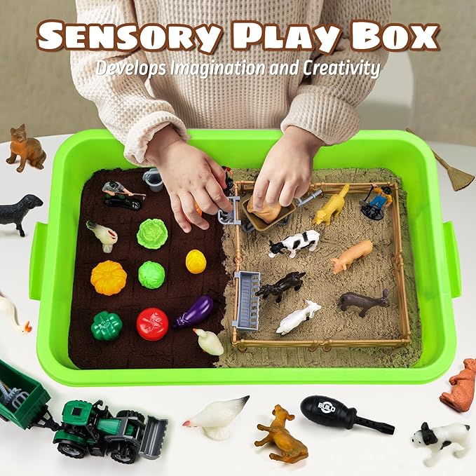 69 PCS Farm Sensory Bin Toys Playset, Sandboxes with Sand, Farmer Tractor &amp; Farm Animals Figures Toys for Kids 3 4 5, Gifts for 6 7 Years Old Boys Girls Toddlers