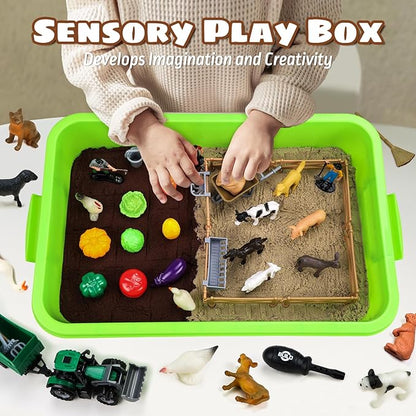 69 PCS Farm Sensory Bin Toys Playset, Sandboxes with Sand, Farmer Tractor &amp; Farm Animals Figures Toys for Kids 3 4 5, Gifts for 6 7 Years Old Boys Girls Toddlers