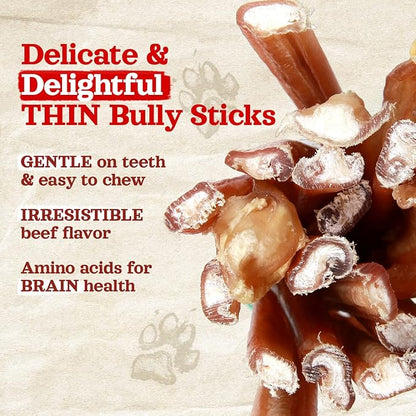 Natural Farm Odor-Free Thin Bully Sticks (6”, 10-Pack) All-Natural Long-Lasting Dog Chews, 100% Beef Pizzle, Grass-Fed, Grain-Free, Protein for Muscle Development &amp; Energy, Perfect for Medium Chewers