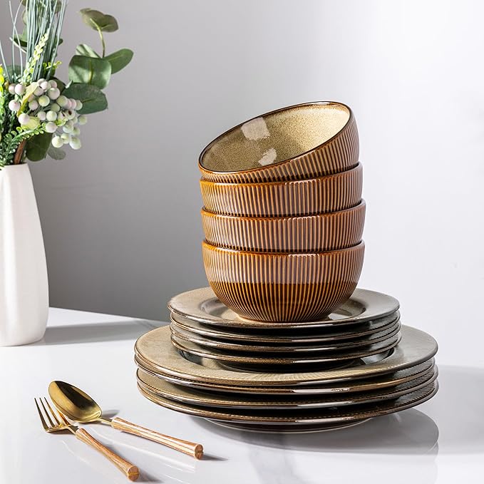 GBHOME Ceramic Dinnerware Sets,12 pcs Embossed Elegant Stoneware Plates and Bowls Sets, Housewarming Wedding Gift | Dishwasher &amp; Microwave Safe | Dishes Set Service for 4