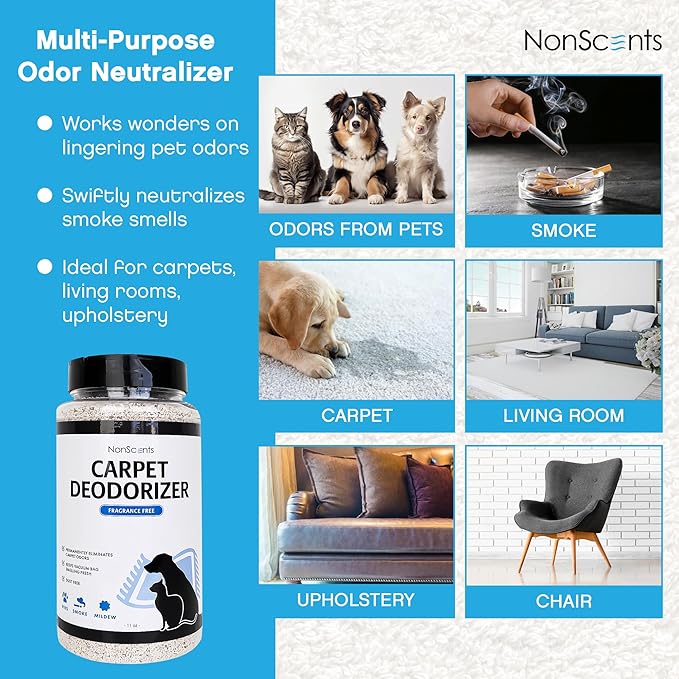 NonScents Carpet &amp; Rug Odor Eliminator - Safe &amp; Fragrance-Free Pet Carpet Deodorizer - Cat and Dog Smell Neutralizer - Removes Pet Urine Odors - Fresh Scent Powder in Pet Areas at Home
