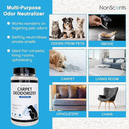NonScents Carpet &amp; Rug Odor Eliminator - Safe &amp; Fragrance-Free Pet Carpet Deodorizer - Cat and Dog Smell Neutralizer - Removes Pet Urine Odors - Fresh Scent Powder in Pet Areas at Home