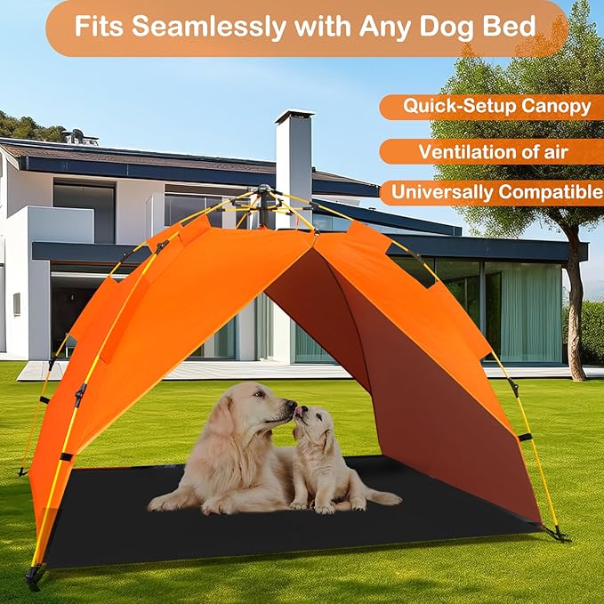 Dog Canopy Shade Shelter Tent for Small Medium Elevated Raised Outdoor Dog Bed Cots, Outside Dog House Pet Sun Umbrella, Quick Setup &amp; No Assembly Needed, Orange 55"X40" (Cots Not Included)