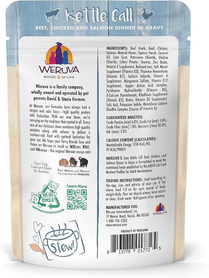 Weruva Classic Cat Stews!, Kettle Call with Beef, Chicken &amp; Salmon in Gravy, 3oz Pouch (Pack of 12)