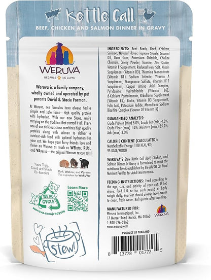 Weruva Classic Cat Stews!, Kettle Call with Beef, Chicken &amp; Salmon in Gravy, 3oz Pouch (Pack of 12)