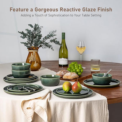 GBHOME Ceramic Dinnerware Sets for 6, 18 Pieces Stoneware Plates and Bowls Sets, Reactive Glaze Dishes -Scratch Resistant, Dishwasher&amp;Microwave Safe, Earth Green