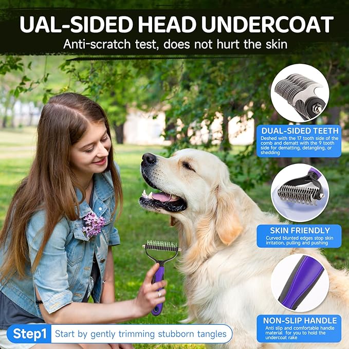 Dog Brush Kit – 3 PCS Grooming Set with Self-Cleaning Brush, Undercoat Rake &amp; Pet Bath Brush. Great for Shedding, Tangles &amp; Dirt Removal – Ideal for Long &amp; Short Haired Dogs &amp; Cats, Blue