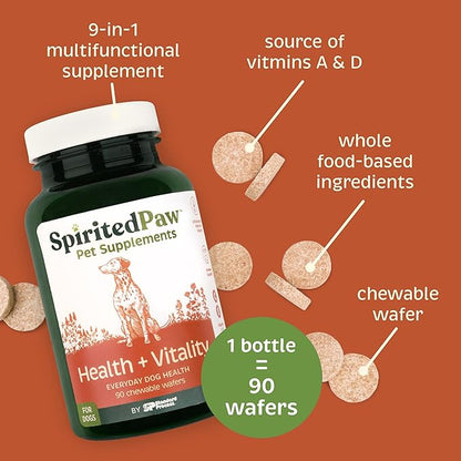 Health + Vitality for Dogs - Pet Supplement for Immune System, Coat, Liver Health &amp; More - Dog Multifunctional Support with Choline, Calcium, Zinc, &amp; Vitamins D and A - 90 Chewable Wafers