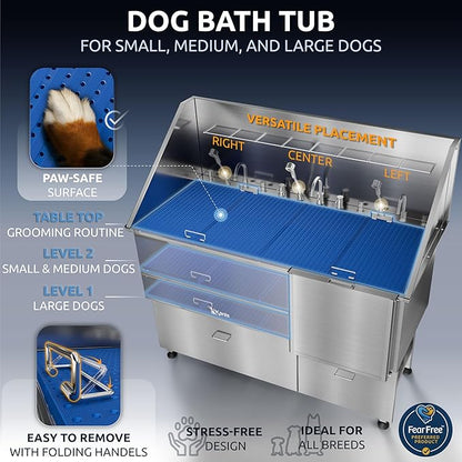 KANIS Professional Dog Washing Station - 304 Stainless Steel Pet Wash Sink &amp; Grooming Bath Tub for Home with Ramp, Shower, Floor Grate, Storage Drawers, and Faucet for Large, Medium &amp; Small Pets