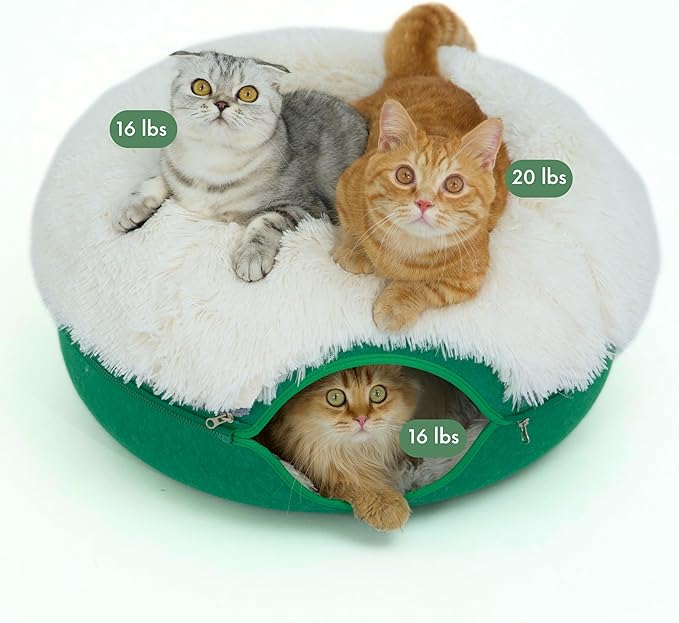 CATTASAURUS Peekaboo Cat Cave for Multiple &amp; Large Cats Up to 30-45 Lbs, Fluffy Cat Beds &amp; Furniture, Scratch Detachable &amp; Washable Tunnel Bed, Comfy Donut Bed (Forest Green, Large (Calming))