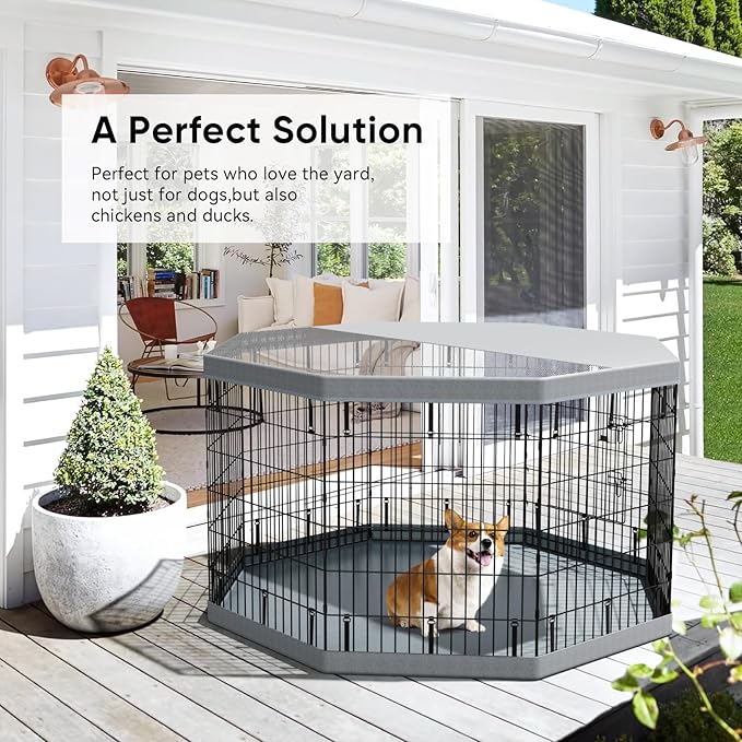 PJYuCien Dog Playpen, 8 Panels 36”H Dog Playpen Indoor with Grey Bottom Pad and Top Cover, Metal Foldable Dog Pen for Indoor Use, Better for Small Medium Animals, Grey