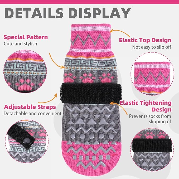 KOOLTAIL Dog Socks to Prevent Licking Paws for Hardwood Floors Anti Slip, Winter Warm Pet Boots&amp;Paw Protector with Grippers, Double Sides Dog Shoes Booties for Small Medium Large Senior Dogs Pink M