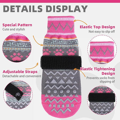 KOOLTAIL Dog Socks to Prevent Licking Paws for Hardwood Floors Anti Slip, Winter Warm Pet Boots&amp;Paw Protector with Grippers, Double Sides Dog Shoes Booties for Small Medium Large Senior Dogs Pink M