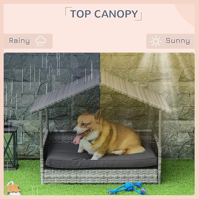 PawHut Wicker Dog House Outdoor with Canopy, Rattan Dog Bed with Water-Resistant Cushion, Raised Dog Bed for Small, Medium Dogs up to 66 lbs, 19.75" in Length, Gradient Gray Wicker &amp; Cushion