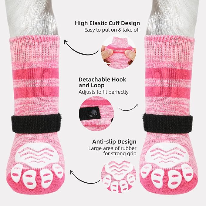 PUPTECK Non-Slip Dog Socks to Prevent Licking Paws, Double Sides Dog Boots &amp; Paw Protectors Booties on Hardwood Floors Hot Pavement with Grippers, for Small Medium Large Senior Dogs, Fuchsia M