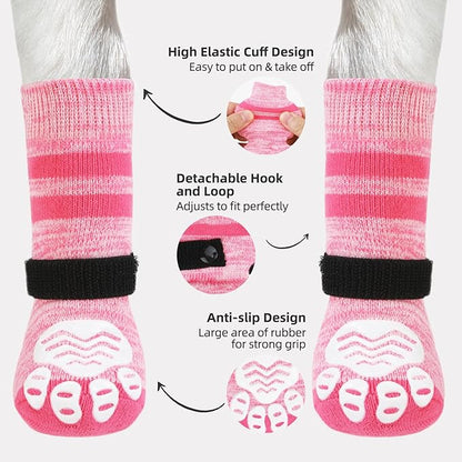 PUPTECK Non-Slip Dog Socks to Prevent Licking Paws, Double Sides Dog Boots &amp; Paw Protectors Booties on Hardwood Floors Hot Pavement with Grippers, for Small Medium Large Senior Dogs, Fuchsia M