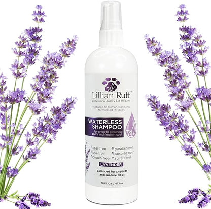 Lillian Ruff Waterless No-Rinse Dog Dry Shampoo Spray with Hydrating Essential Oils - pH-Balanced Dry Shampoo for Dogs - Clean, Condition, Detangle &amp; Deodorize Dry, Sensitive Skin (Lavender)