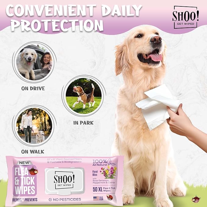 Shoo! Flea &amp; Tick Wipes for Dogs | Convenient, Easy On-The-Go Protection | Plant Based, Natural Oils, Chemical Free | Repels &amp; Prevents | 50 XL Wipes | (Floral Bliss)