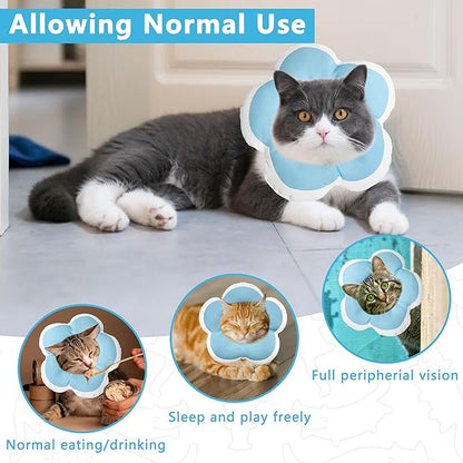 Cat Cone Collar Soft, Waterproof Cats Cones to Stop Licking After Surgery, Adjustable Soft Elizabeth Cats Collars for Wound Healing, Flower Shape Cat Recovery Collar (Blue, Large)