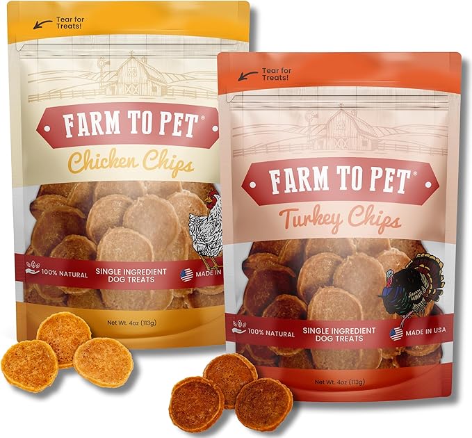 Farm To Pet - Dog Training Treats Chicken &amp; Turkey Chip Protein Pack, 100% All Natural, Single Ingredient Training Treats, Made in USA, for Small, Medium, and Large Dogs