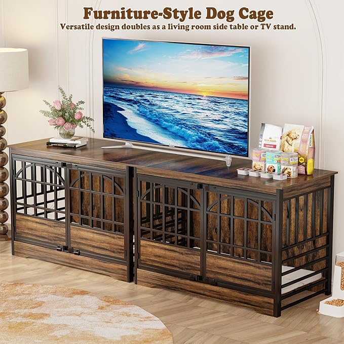 COZPAW 52 Inch Dog Crate Furniture, Extra Large Dog Kennel Indoor for XLarge Breed, Heavy Duty Dog Cage with Double Elegant Arched Doors, Decorate as TV Stand &amp; End Table-Retro Brown