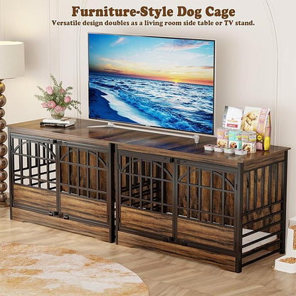 COZPAW 52 Inch Dog Crate Furniture, Extra Large Dog Kennel Indoor for XLarge Breed, Heavy Duty Dog Cage with Double Elegant Arched Doors, Decorate as TV Stand &amp; End Table-Retro Brown