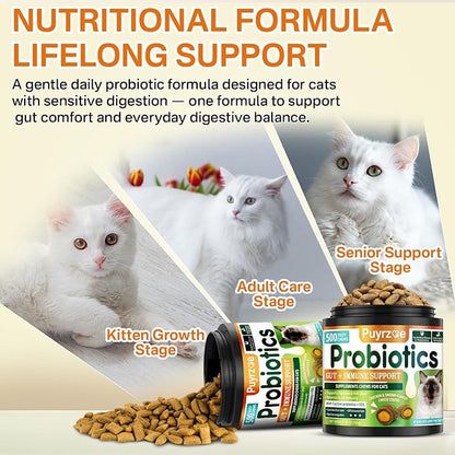 Cat Probiotics &amp; FOS, Gut + Immune Support - 500 Chews Crunchy &amp; Creamy Cheese Core, Probiotic for Digestive and Gut Health, Immunity, Constipation Relief for Cats Kittens - Chicken Shrimp