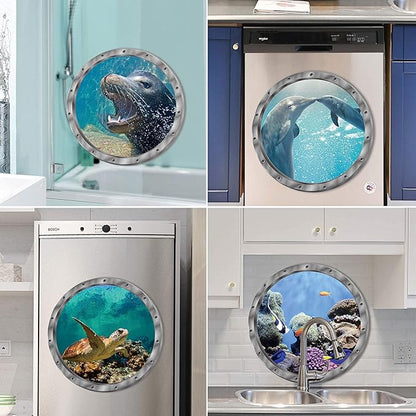 4 PCS Removable 3D Under The Sea Nature Scenery Wall Decals - Animals Wall Sticker Home Wall Art Decor for Bathroom Bedroom Door Kids Baby Nursery Room - Includes Turtles, Dolphins, Sea Lions, Coral