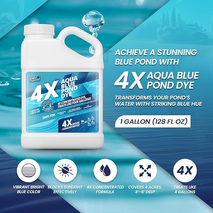 1 Gallon Aqua Blue Pond Dye 4X Concentrate, Lake &amp; Pond Dye Blue for Aqua Colored Water, Ideal Lake Colorant, Aquashade Colorant That Protects Against Sunlight - Ideal for Fish and Wildlife