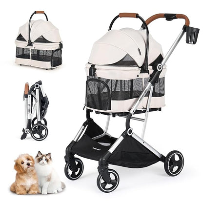 T3 Pro 3-in-1 Small Pet Stroller for Dog &amp; Cats, 4 Wheels with Detachable Carrier with Pad, Canopy and Cup Holder, Beige &amp; Net Wall