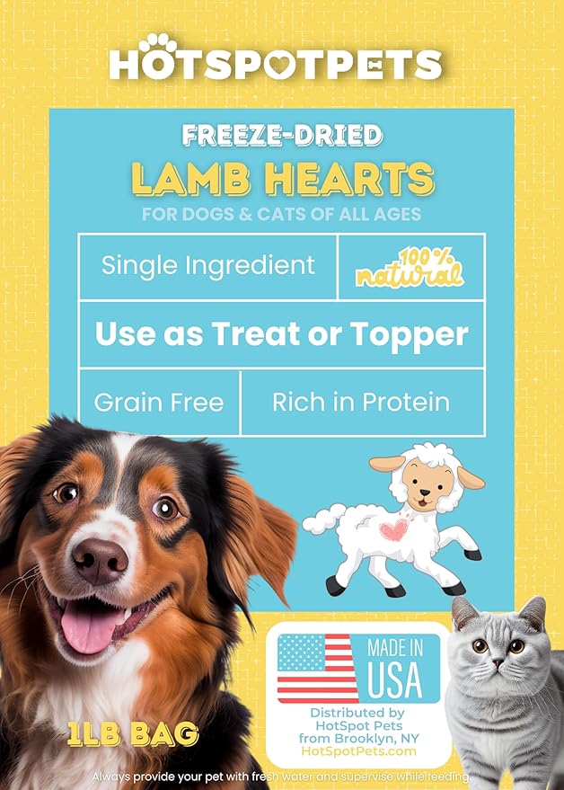 hotspot pets Freeze Dried Lamb Heart Treats for Cats &amp; Dogs - 1LB Big Bag- Single Ingredient All Natural Grain-Free - Perfect for Training, Healthy Topper or Snack - Made in USA