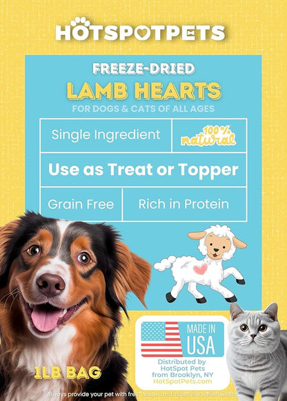 hotspot pets Freeze Dried Lamb Heart Treats for Cats &amp; Dogs - 1LB Big Bag- Single Ingredient All Natural Grain-Free - Perfect for Training, Healthy Topper or Snack - Made in USA
