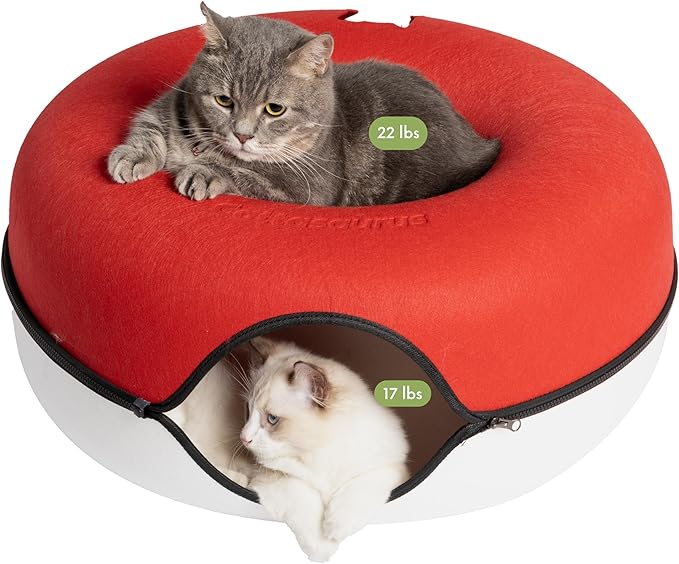 CATTASAURUS Peekaboo Cat Cave for Multiple &amp; Large Cats Up to 30-45 Lbs, Scratch Detachable &amp; Washable Tunnel Bed, Comfy Donut Cat Cave (Ruby Snowball, Large)