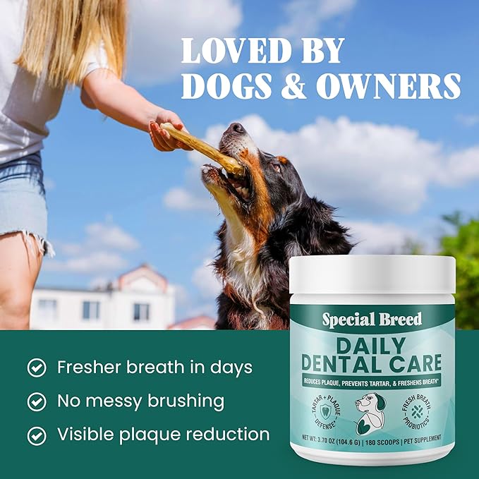 Dog Teeth Cleaning Powder – Natural Dog Dental Powder for Tartar Control, Fresh Breath &amp; Gum Health – Daily Plaque Remover with Zeolite, Brown Algae, Probiotics &amp; Rosemary – 180 Scoops