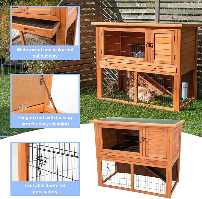 TRIXIE natura Outdoor Rabbit Hutch with Run - 2-Story Rabbit Cage with Non-Slip Ramp - Large Elevated Small Animal House with Secure Playpen, Hinged Roof &amp; Pull-Out Tray - in Brown