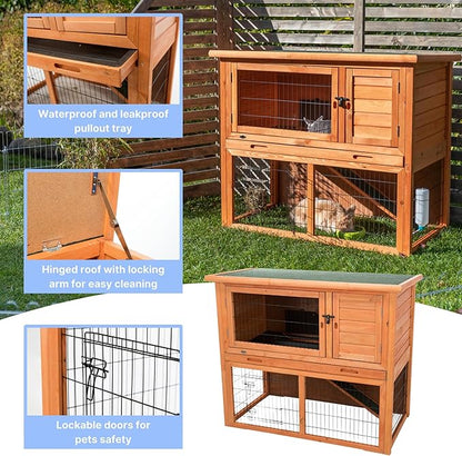 TRIXIE natura Outdoor Rabbit Hutch with Run - 2-Story Rabbit Cage with Non-Slip Ramp - Large Elevated Small Animal House with Secure Playpen, Hinged Roof &amp; Pull-Out Tray - in Brown