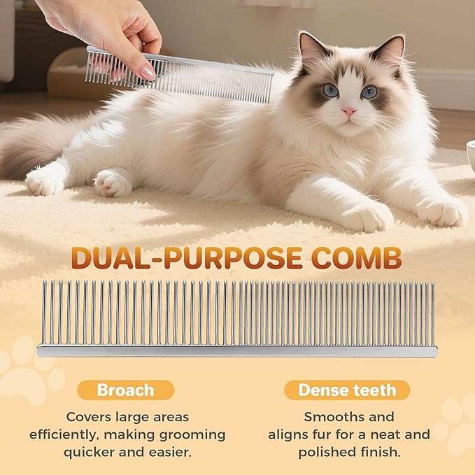7.5 Inch Professional Stainless Steel Pet Grooming Comb for Dogs &amp; Cats, Wide &amp; Dense Teeth for Removing Tangles, Knots,Undercoat,Flea,Excess Hair, Rounded Corners Design for Safe,Metal Dematting Tool