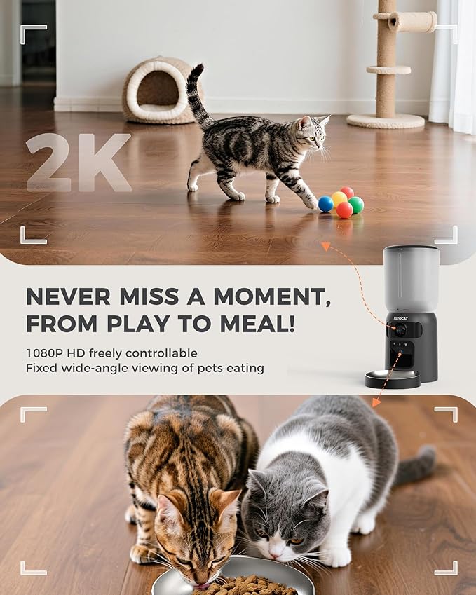 AI Cat Feeder with Dual Cameras (1 Adjustable), 2K HD Night Vision, 5G/2.4G WiFi, 6L Automatic Pet Feeder with APP Control, Laser Interactive Toy, Two-Way Audio &amp; Scheduled Feeding