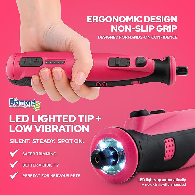 Diamondg Cordless Dog Nail Grinder with Quiet Sound &amp; LED Tip for Large &amp; Small Dogs, 4hrs. Runtime, 2 Bits Included, Pink