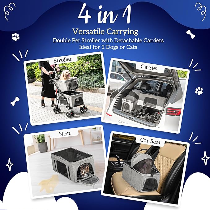 Detachable Pet Double Stroller with 4 Rolling Casters for 2 Pets – Lightweight Multifunctional Travel Stroller with Mesh Windows, Cup Holder, Sun Shades &amp; Storage Pocket for Puppy and Kitty