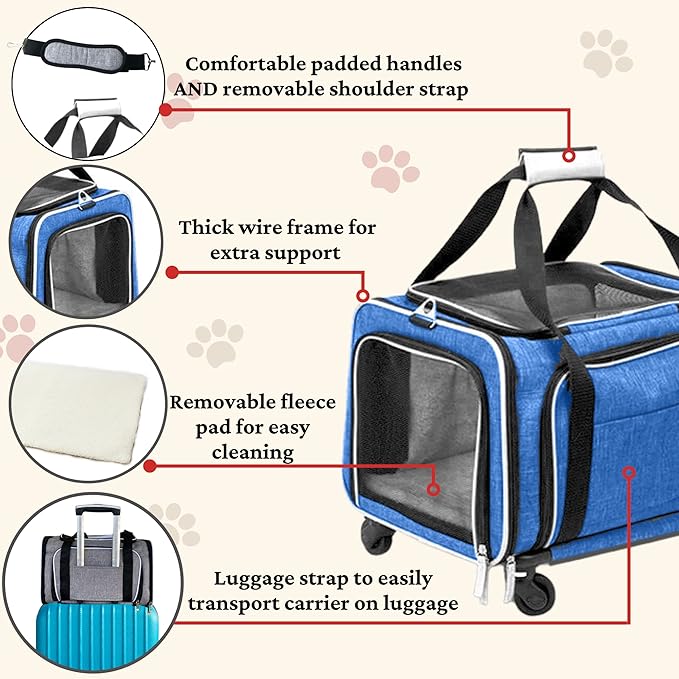 Airline Approved Expandable Premium Pet Carrier on Wheels- Two Sided Expandable Rolling Carrier- Designed for Dogs &amp; Cats- Extra Spacious Soft Lined Carrier! (Blue)