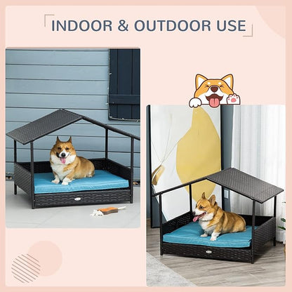 PawHut Wicker Dog House Outdoor with Canopy, Rattan Dog Bed with Water-Resistant Cushion, Raised Dog Bed for Small, Medium Dogs up to 66 lbs, 19.75" in Length, Brown Wicker, Blue Cushion