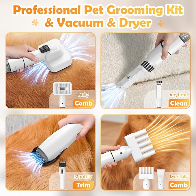 Dog Grooming Vacuum &amp; Dryer &amp; Clippers for Shedding Grooming, 3L Canister for Large Dog, 3 in 1 Grooming Kit for Dogs at Home, Adjustable Temperature and Airflow Pet Grooming Kits.