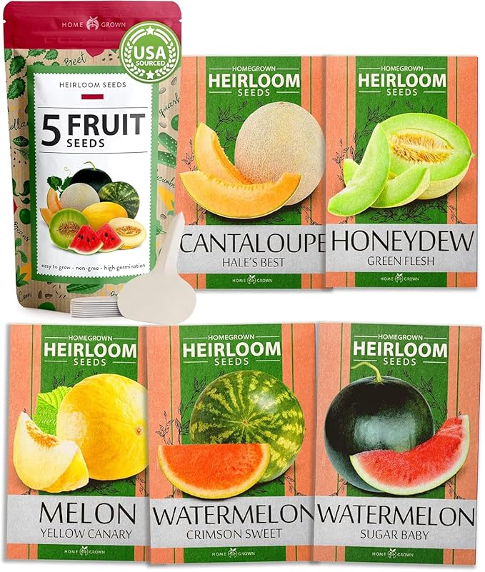 HOME GROWN 𝗨𝗦𝗔 𝗣𝗥𝗘𝗠𝗜𝗨𝗠 Melon Seeds Variety Pack 5 𝗡𝗢𝗡-𝗚𝗠𝗢 Heirloom Vegetable Seeds, Watermelon Cantaloupe Honeydew Sugar Baby &amp; Melon, High Germination for Planting Home Garden Indoors